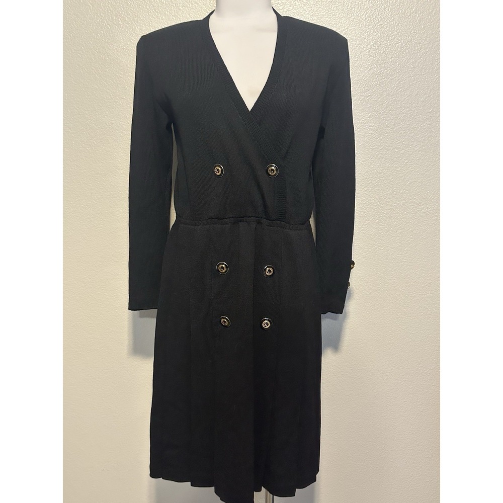 VTG ST.JOHN Santana Knit Black Logo Button Double Breast Pleated Classic Dress 6